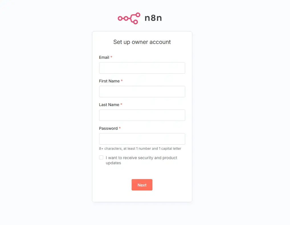 How to Install n8n – A Complete Guide, Step 5: Access your new n8n application and create a new admin account